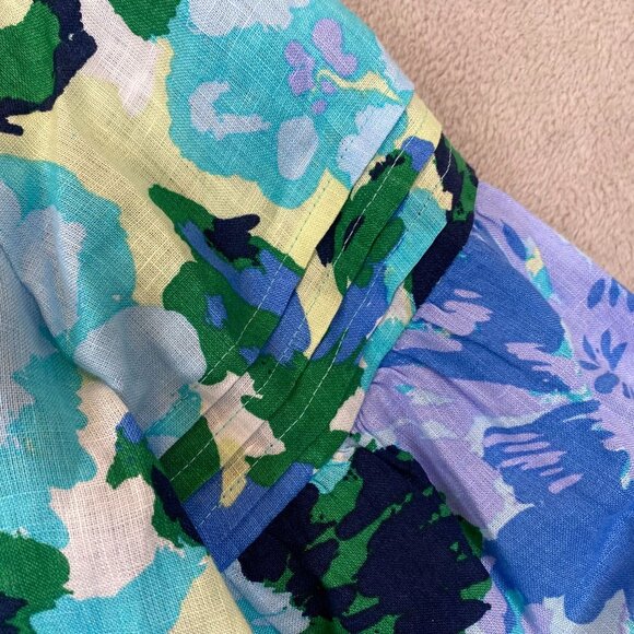 Charter Club Womens Blouse Medium 100% Linen Blue Floral Square Neck Boho - Picture 7 of 9